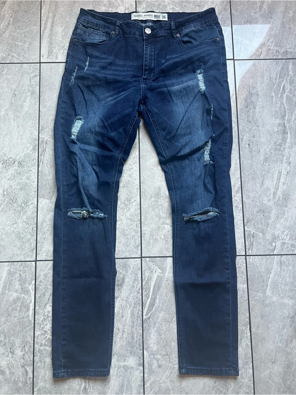 Barbell Apparel Mens Jeans Sz 36 Straight Leg Stretch USA MADE Denim Distressed